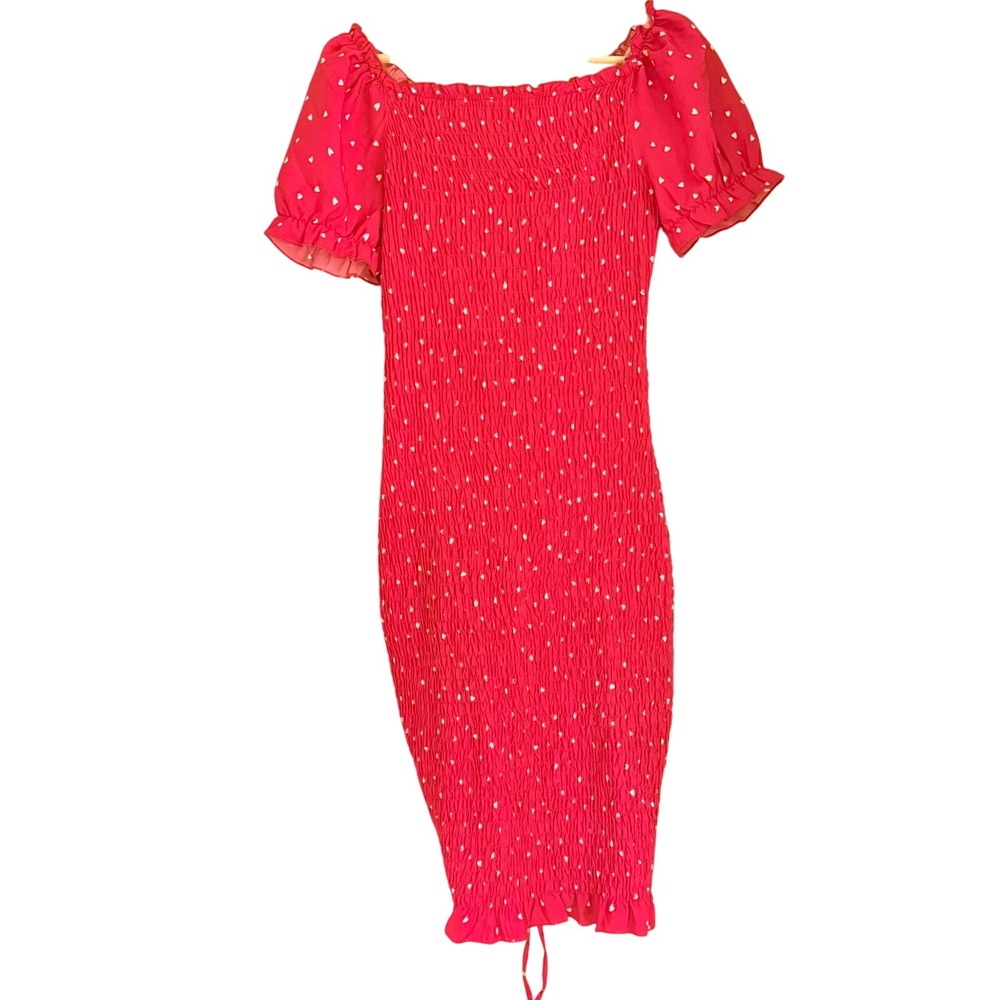 Valentines Prettygarden Red Heart Smocked Bodycon Dress Ruched Tie Puff Sleeve L - Picture 6 of 8